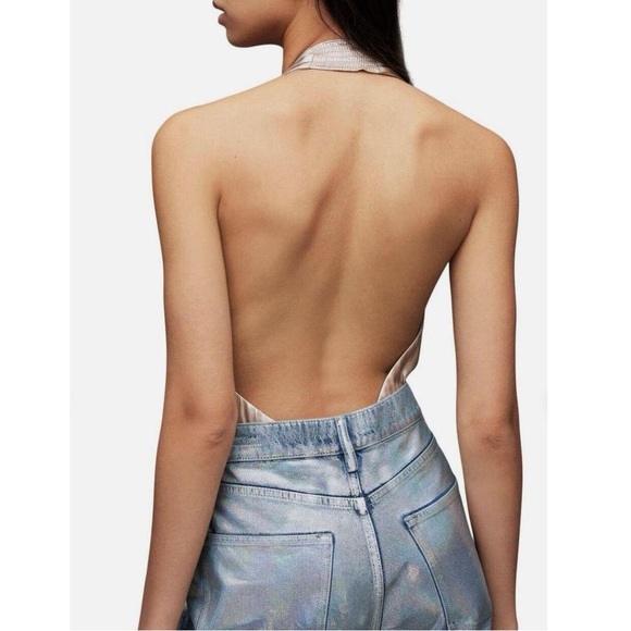 New AllSaints Dora Halter 6 / Sm Champagne Black Satin V-Neck Open Back Bodysuit - Picture 2 of 11